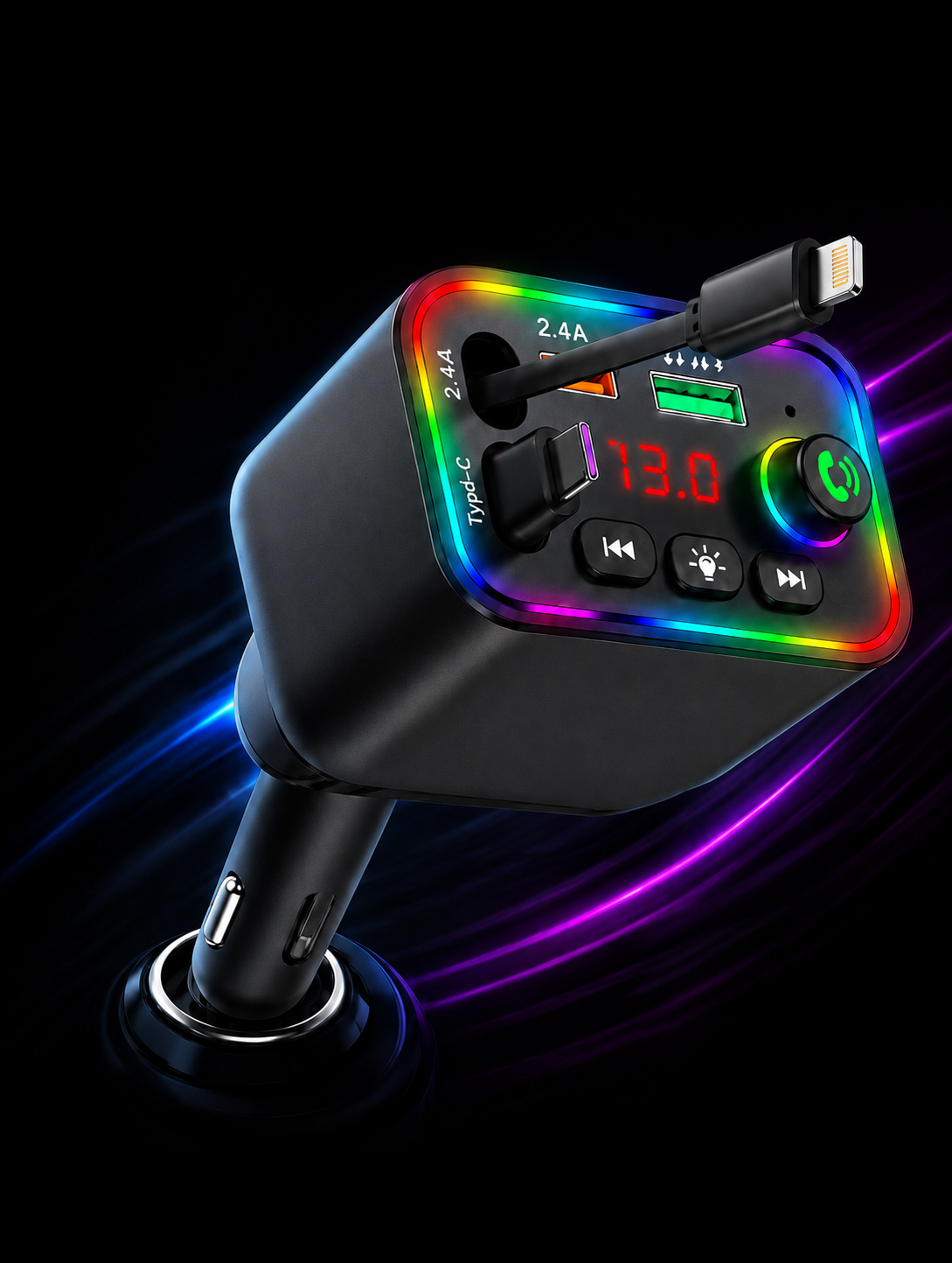 Chargeur de voiture rétractable 2 câbles – transmetteur FM Bluetooth MP3