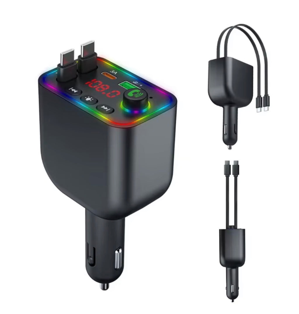 Chargeur de voiture rétractable 2 câbles – transmetteur FM Bluetooth MP3