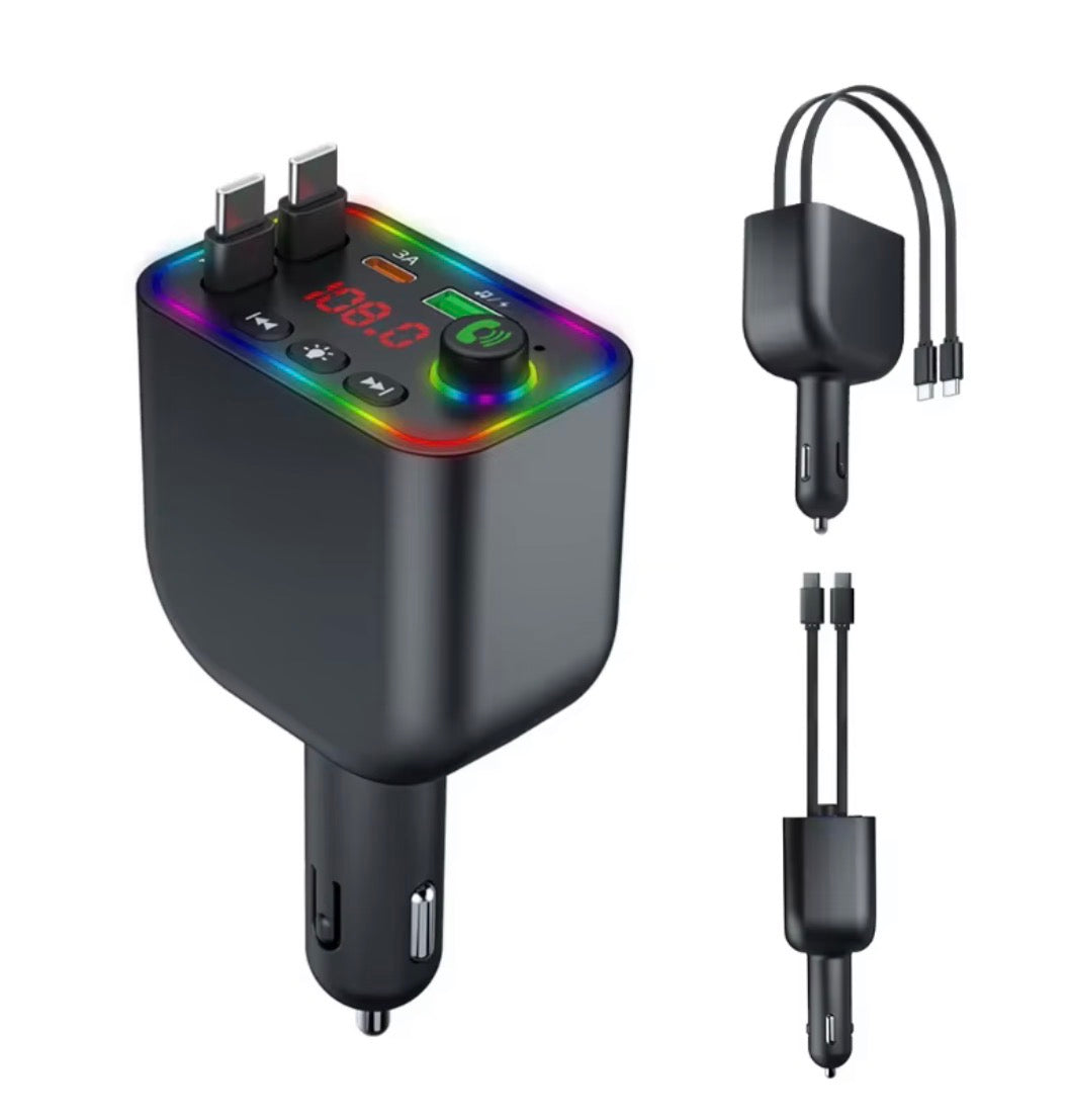 Chargeur de voiture rétractable 2 câbles – transmetteur FM Bluetooth MP3