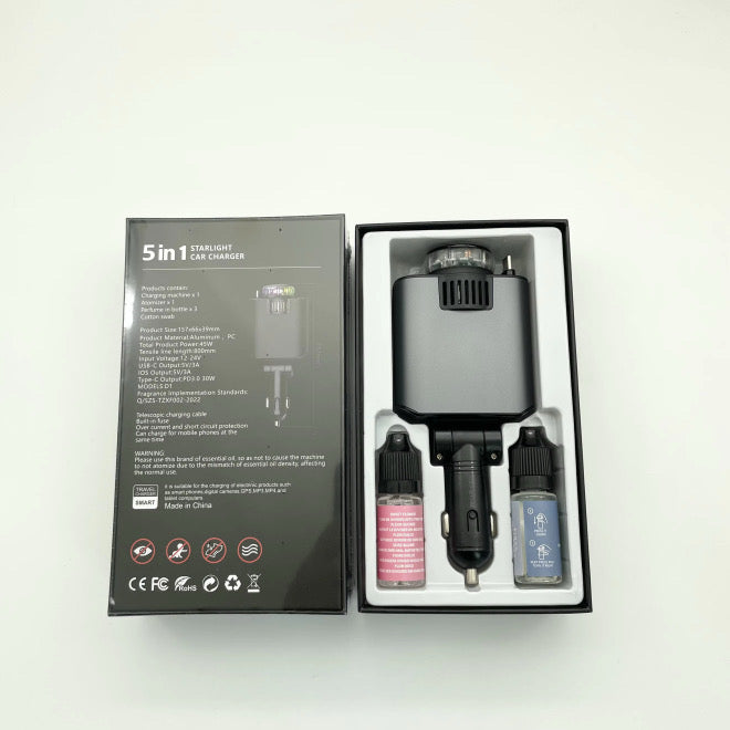 Chargeur de voiture 5 en 1 – câbles rétractables, diffuseur de parfum et lumière LED