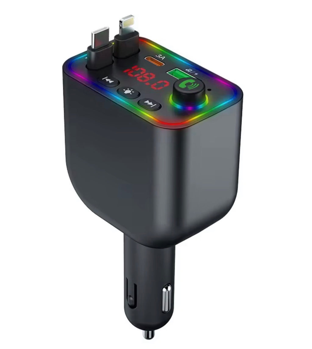 Chargeur de voiture rétractable 2 câbles – transmetteur FM Bluetooth MP3