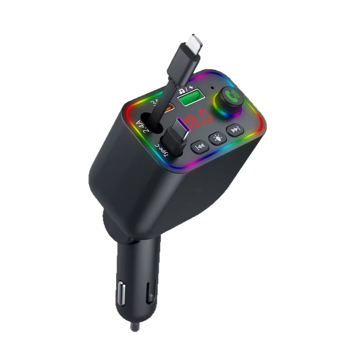 Chargeur de voiture rétractable 2 câbles – transmetteur FM Bluetooth MP3