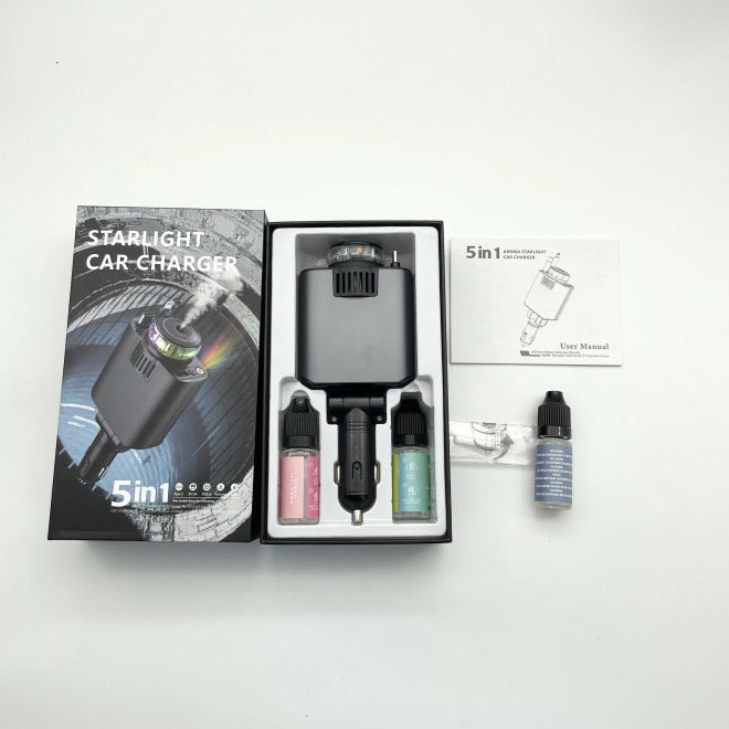 Chargeur de voiture 5 en 1 – câbles rétractables, diffuseur de parfum et lumière LED
