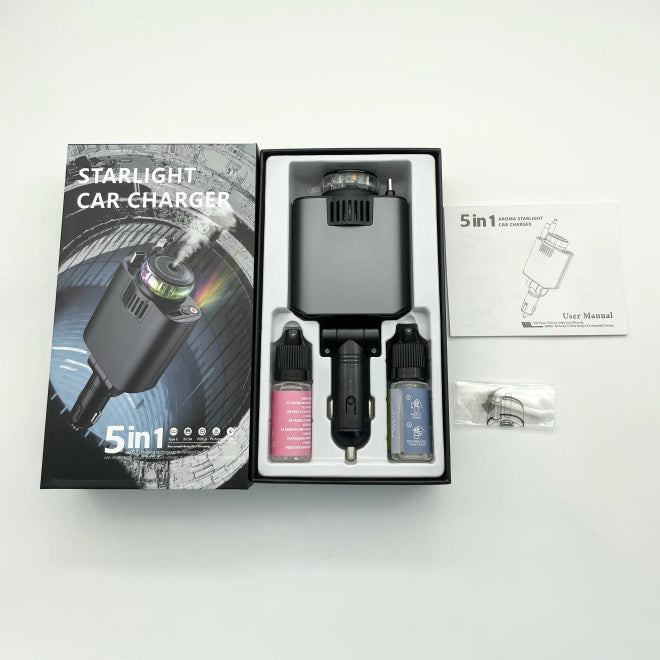 Chargeur de voiture 5 en 1 – câbles rétractables, diffuseur de parfum et lumière LED