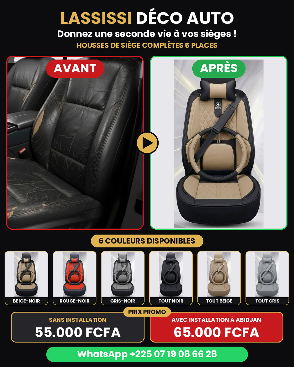 Housses de siège 5 places – Modèle Premium, simili-cuir (6 couleurs)